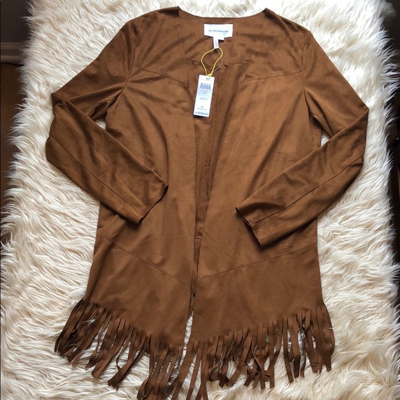 SOLD! BCBG NWT faux suede fringe hem jacket cognac - Picture 2 of 5